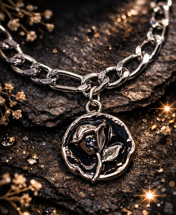 Silver_Tone_Flower_Charm_Bracelet_for_Women_|_Designer_Chain_Bracelet_with_Black_Enamel_Flower_Pendant_|