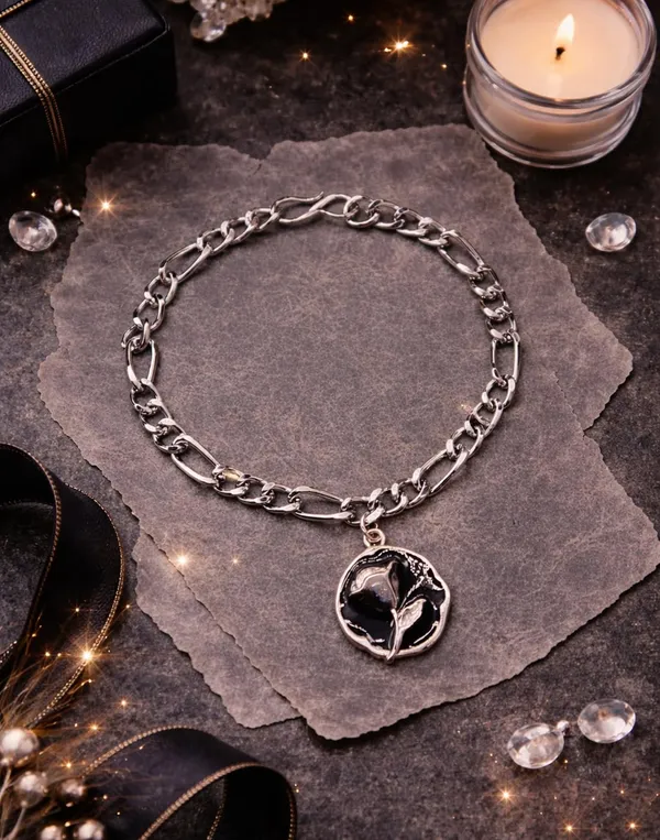 Silver_Tone_Flower_Charm_Bracelet_for_Women_|_Designer_Chain_Bracelet_with_Black_Enamel_Flower_Pendant_|