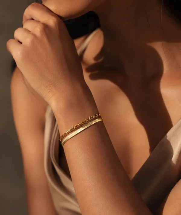 SHANKHRAJ_MALL_Gold_Plated_Double_Layer_Chain_Bracelet_for_Women_|_Adjustable_Herringbone_&_Paperclip_Link_Bracelet_|_Trendy_Minimalist_Bracelet_for_Girls_&_Women