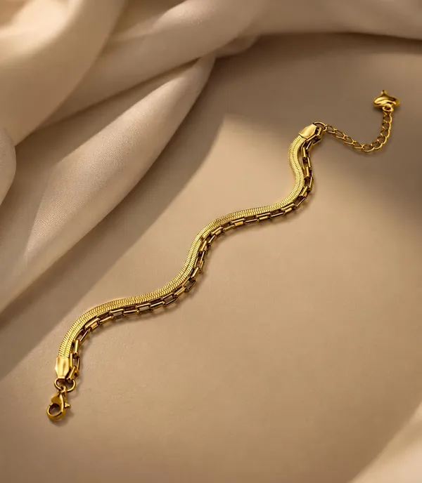 SHANKHRAJ_MALL_Gold_Plated_Double_Layer_Chain_Bracelet_for_Women_|_Adjustable_Herringbone_&_Paperclip_Link_Bracelet_|_Trendy_Minimalist_Bracelet_for_Girls_&_Women