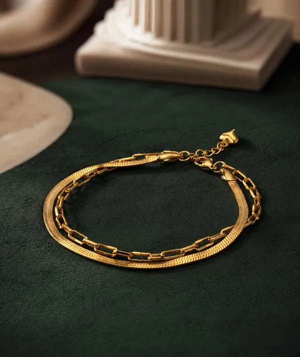 SHANKHRAJ_MALL_Gold_Plated_Double_Layer_Chain_Bracelet_for_Women_|_Adjustable_Herringbone_&_Paperclip_Link_Bracelet_|_Trendy_Minimalist_Bracelet_for_Girls_&_Women