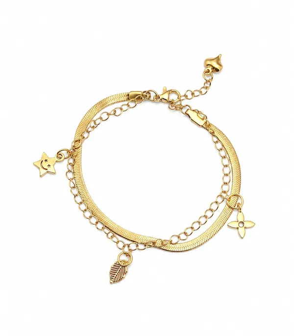 Gold_Plated_Charm_Bracelet_for_Women_|_Double_Layer_Chain_Bracelet_with_Star,_Flower_&_Leaf_Charms_|_Adjustable_Trendy_Bracelet_for_Girls_&_Women