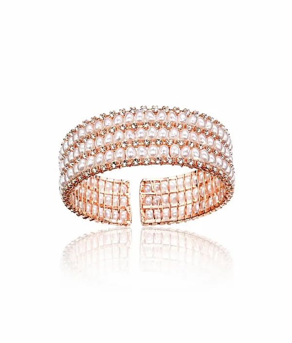 SHANKHRAJ_MALL_Pearl_Cuff_Bangle,_Rose_Gold_Tone,_Multi-Row_White_Pearls_with_Crystal_Accents,_Open-End_Bracelet