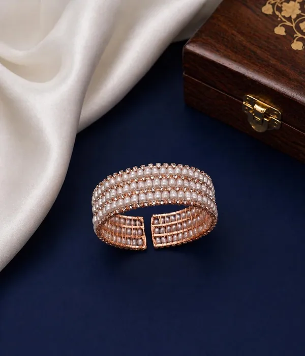 SHANKHRAJ_MALL_Pearl_Cuff_Bangle,_Rose_Gold_Tone,_Multi-Row_White_Pearls_with_Crystal_Accents,_Open-End_Bracelet
