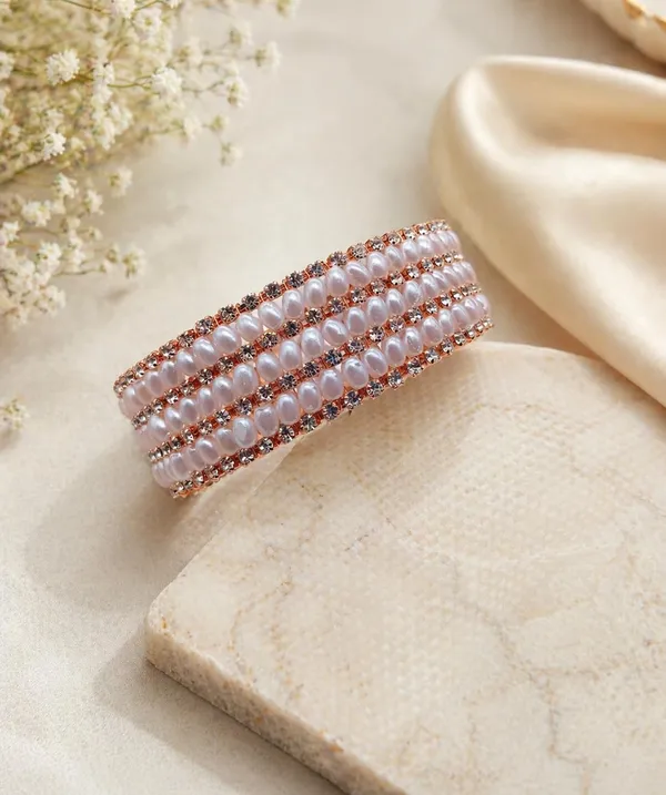 SHANKHRAJ_MALL_Pearl_Cuff_Bangle,_Rose_Gold_Tone,_Multi-Row_White_Pearls_with_Crystal_Accents,_Open-End_Bracelet