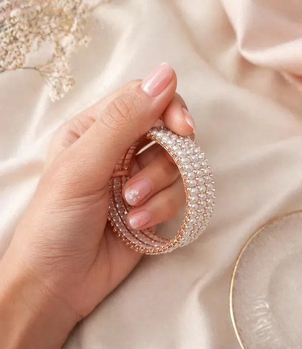 SHANKHRAJ_MALL_Pearl_Cuff_Bangle,_Rose_Gold_Tone,_Multi-Row_White_Pearls_with_Crystal_Accents,_Open-End_Bracelet