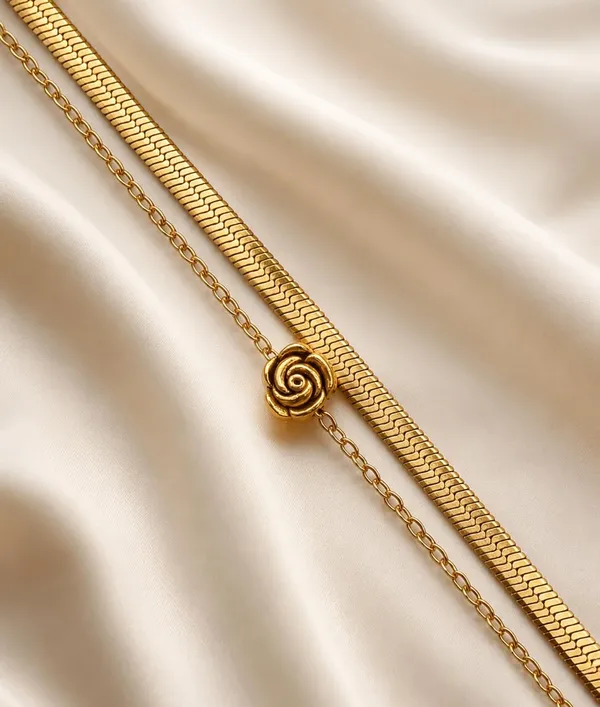 Gold-Tone_Double_Layer_Bracelet_with_Rose_Charm,_Herringbone_Snake_Chain_and_Delicate_Link_Chain