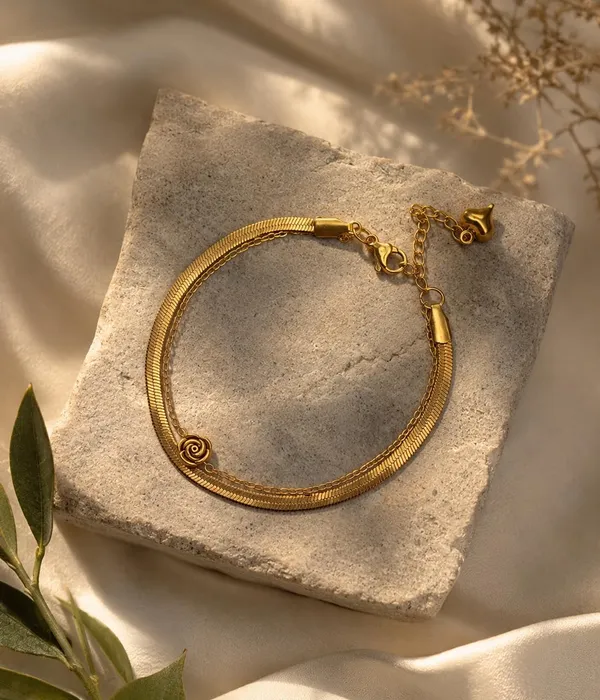 Gold-Tone_Double_Layer_Bracelet_with_Rose_Charm,_Herringbone_Snake_Chain_and_Delicate_Link_Chain