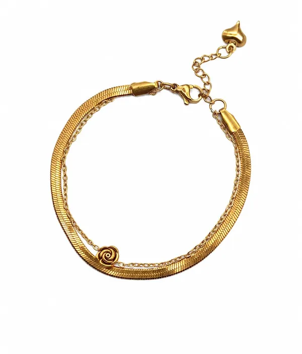 Gold-Tone_Double_Layer_Bracelet_with_Rose_Charm,_Herringbone_Snake_Chain_and_Delicate_Link_Chain