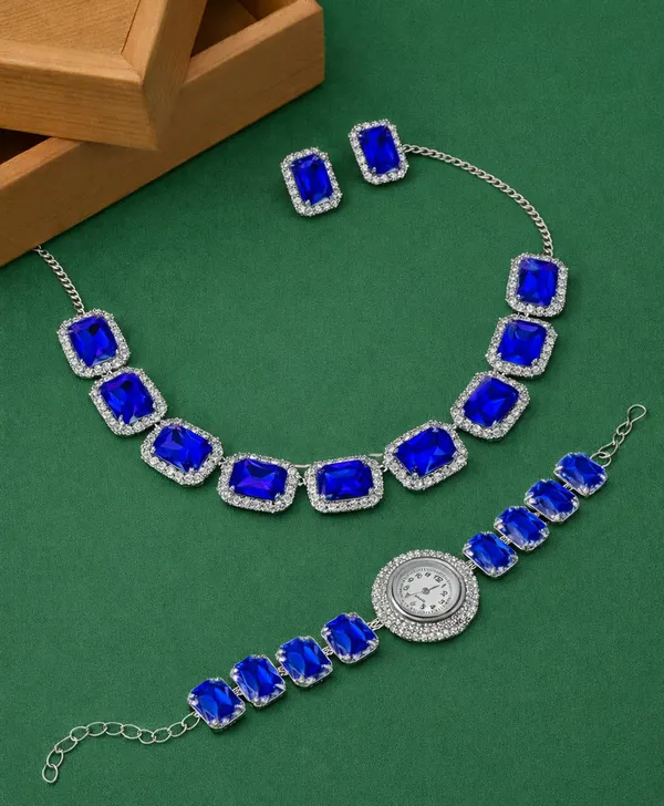 SHANKHRAJ_MALL_Pink_Crystal_Jewelry_Set,_Necklace_Earrings_Bracelet_Watch,_Rhinestone_Halo,_Silver_Tone,_4_Piece_Set_(A354)