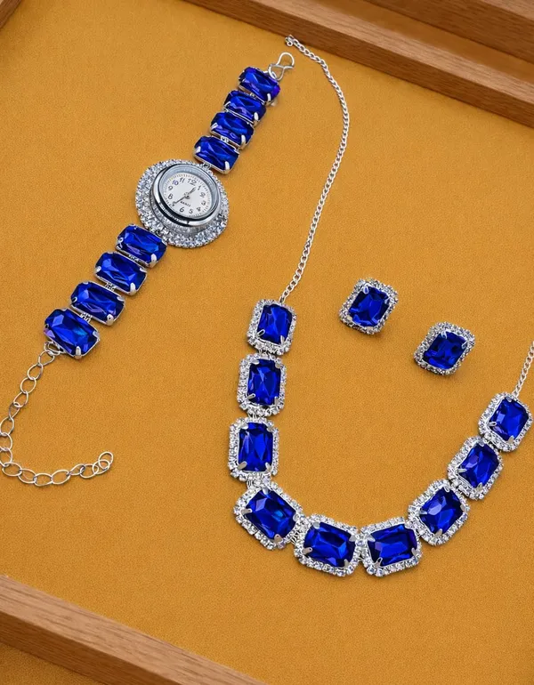 SHANKHRAJ_MALL_Pink_Crystal_Jewelry_Set,_Necklace_Earrings_Bracelet_Watch,_Rhinestone_Halo,_Silver_Tone,_4_Piece_Set_(A354)