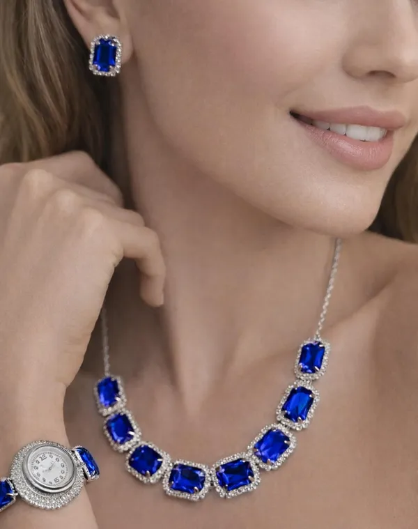 SHANKHRAJ_MALL_Pink_Crystal_Jewelry_Set,_Necklace_Earrings_Bracelet_Watch,_Rhinestone_Halo,_Silver_Tone,_4_Piece_Set_(A354)