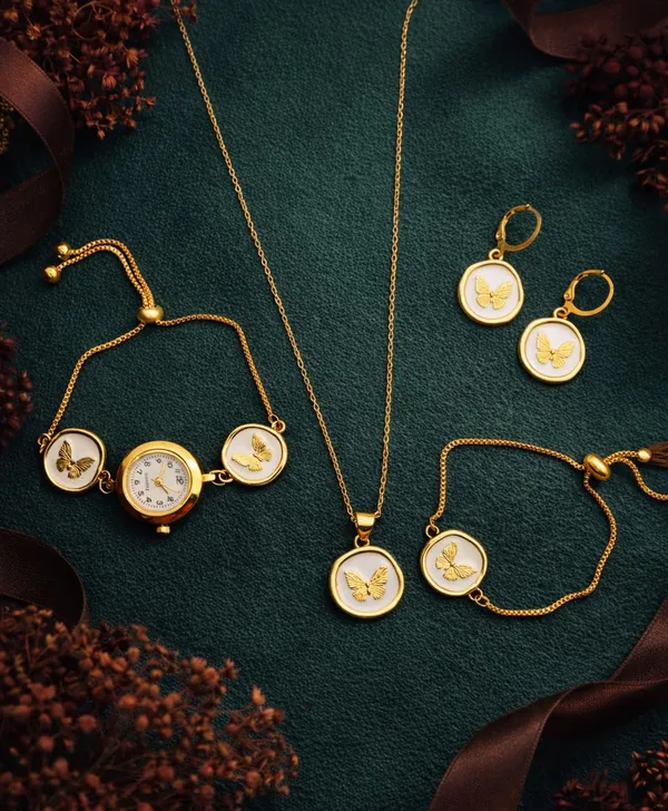 SHANKHRAJ_MALL_Gold-Tone_Butterfly_Medallion_Jewellery_Set,_Necklace,_Bracelet,_Earrings_with_Watch