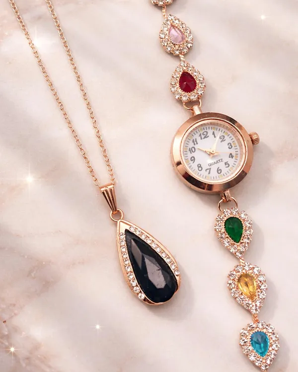 SHANKHRAJ_MALL_Rose_Gold_Quartz_Watch_and_Necklace_Set_for_Women,_Multicolour_Crystal_Teardrop_Bracelet_with_Pendant