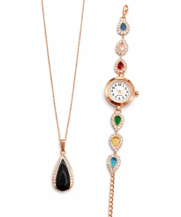 SHANKHRAJ_MALL_Rose_Gold_Quartz_Watch_and_Necklace_Set_for_Women,_Multicolour_Crystal_Teardrop_Bracelet_with_Pendant