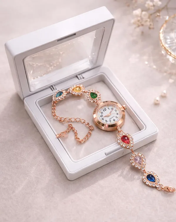 SHANKHRAJ_MALL_Rose_Gold_Quartz_Watch_and_Necklace_Set_for_Women,_Multicolour_Crystal_Teardrop_Bracelet_with_Pendant