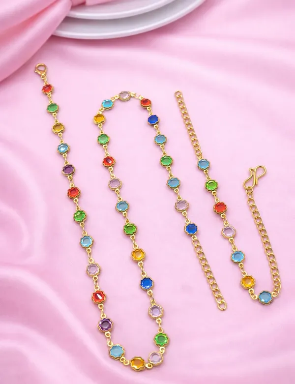 SHANKHRAJ_MALL_Multicolor_Heart_Shaped_Crystal_Necklace_and_Bracelet_Set,_Gold_Plated_Chain,_Colorful_Gemstone_Jewelry_(A361)
