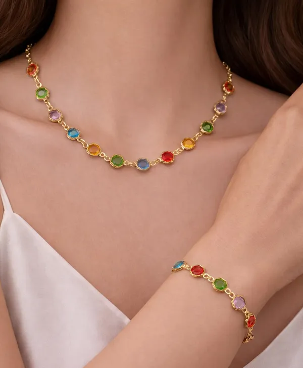 SHANKHRAJ_MALL_Multicolor_Heart_Shaped_Crystal_Necklace_and_Bracelet_Set,_Gold_Plated_Chain,_Colorful_Gemstone_Jewelry_(A361)