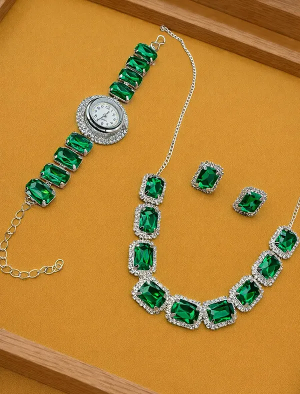 SHANKHRAJ_MALL_Pink_Crystal_Jewelry_Set,_Necklace_Earrings_Bracelet_Watch,_Rhinestone_Halo,_Silver_Tone,_4_Piece_Set_(A351)
