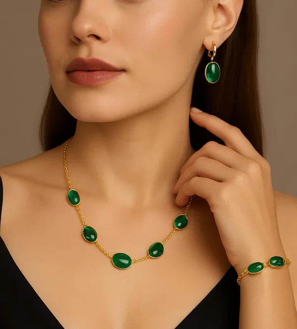 SHANKHRAJ_MALL_Green_Oval_Stone_Gold_Plated_Necklace_Set_for_Women_|_Minimalist_Elegant_Chain_Necklace_with_Matching_Earrings