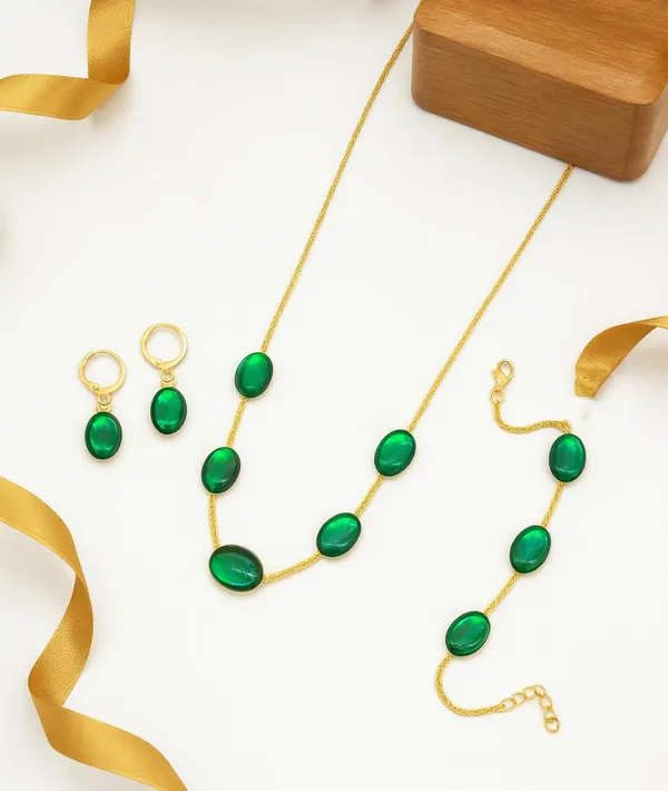 SHANKHRAJ_MALL_Green_Oval_Stone_Gold_Plated_Necklace_Set_for_Women_|_Minimalist_Elegant_Chain_Necklace_with_Matching_Earrings