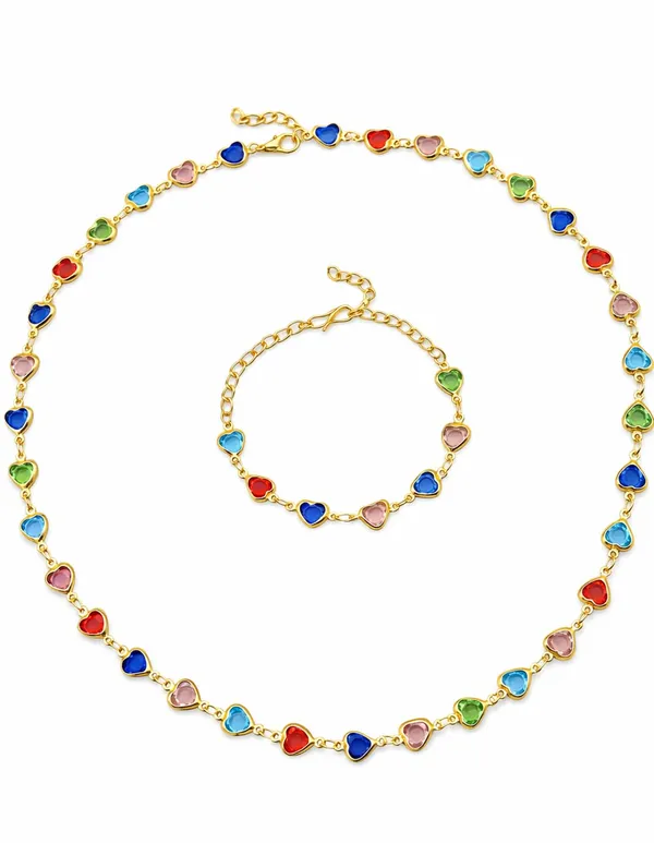 SHANKHRAJ_MALL_Multicolor_Heart_Shaped_Crystal_Necklace_and_Bracelet_Set,_Gold_Plated_Chain,_Colorful_Gemstone_Jewelry_(A358)