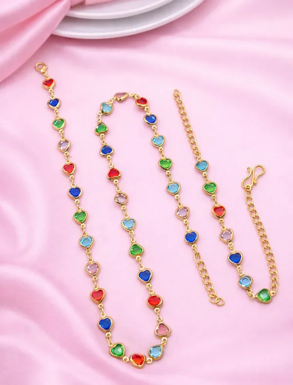 SHANKHRAJ_MALL_Multicolor_Heart_Shaped_Crystal_Necklace_and_Bracelet_Set,_Gold_Plated_Chain,_Colorful_Gemstone_Jewelry_(A358)