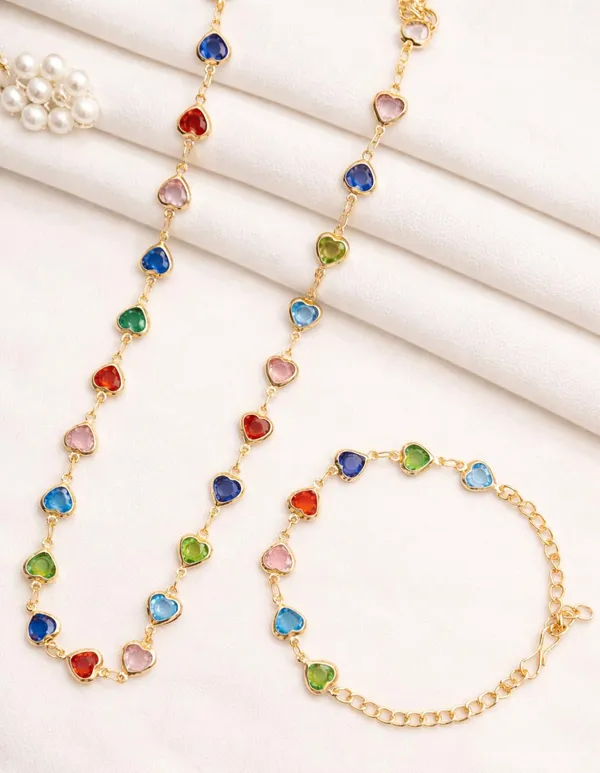 SHANKHRAJ_MALL_Multicolor_Heart_Shaped_Crystal_Necklace_and_Bracelet_Set,_Gold_Plated_Chain,_Colorful_Gemstone_Jewelry_(A358)