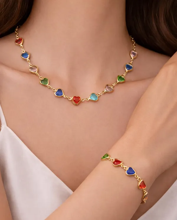 SHANKHRAJ_MALL_Multicolor_Heart_Shaped_Crystal_Necklace_and_Bracelet_Set,_Gold_Plated_Chain,_Colorful_Gemstone_Jewelry_(A358)