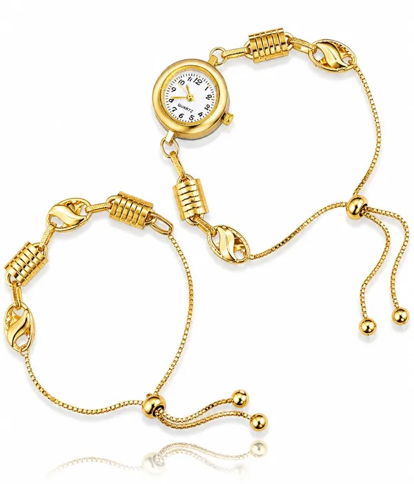 Gold-Tone_Quartz_Watch_Bracelet_Set,_White_Dial