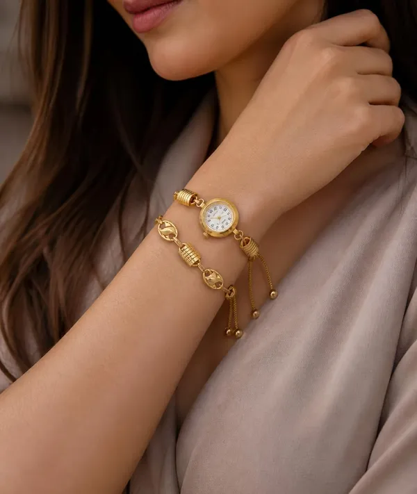 Gold-Tone_Quartz_Watch_Bracelet_Set,_White_Dial