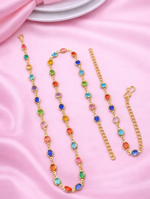 SHANKHRAJ_MALL_Multicolor_Heart_Shaped_Crystal_Necklace_and_Bracelet_Set,_Gold_Plated_Chain,_Colorful_Gemstone_Jewelry_(A362)