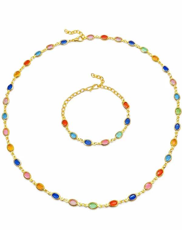 SHANKHRAJ_MALL_Multicolor_Heart_Shaped_Crystal_Necklace_and_Bracelet_Set,_Gold_Plated_Chain,_Colorful_Gemstone_Jewelry_(A362)