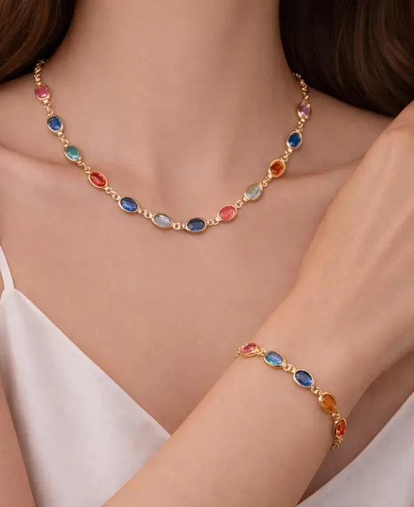 SHANKHRAJ_MALL_Multicolor_Heart_Shaped_Crystal_Necklace_and_Bracelet_Set,_Gold_Plated_Chain,_Colorful_Gemstone_Jewelry_(A362)