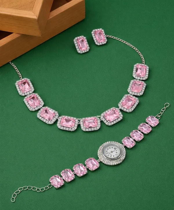 SHANKHRAJ_MALL_Pink_Crystal_Jewelry_Set,_Necklace_Earrings_Bracelet_Watch,_Rhinestone_Halo,_Silver_Tone,_4_Piece_Set_(A352)