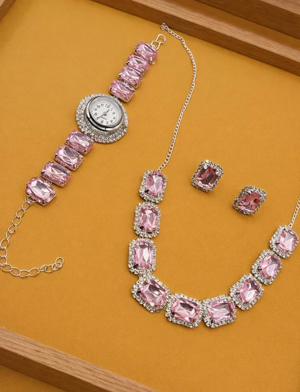 SHANKHRAJ_MALL_Pink_Crystal_Jewelry_Set,_Necklace_Earrings_Bracelet_Watch,_Rhinestone_Halo,_Silver_Tone,_4_Piece_Set_(A352)