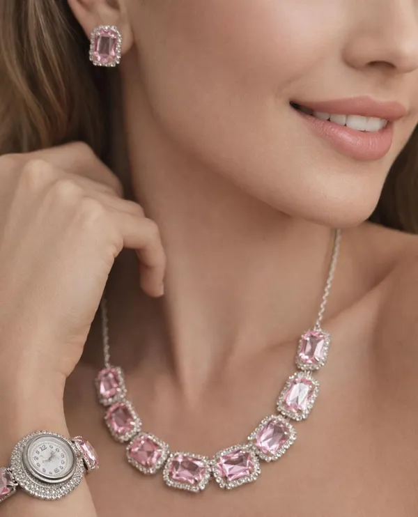 SHANKHRAJ_MALL_Pink_Crystal_Jewelry_Set,_Necklace_Earrings_Bracelet_Watch,_Rhinestone_Halo,_Silver_Tone,_4_Piece_Set_(A352)