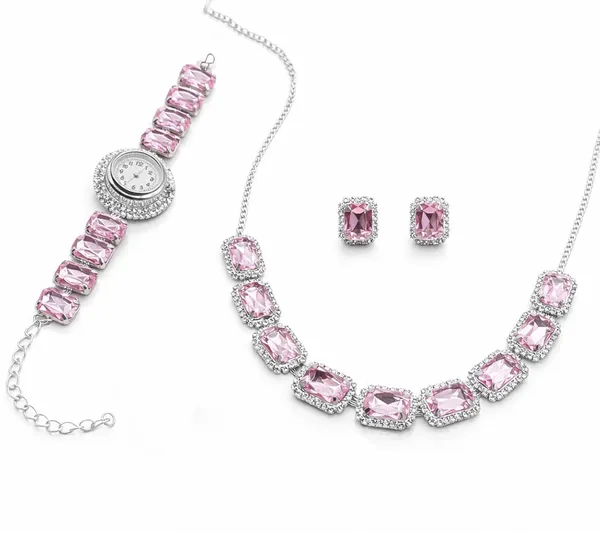 SHANKHRAJ_MALL_Pink_Crystal_Jewelry_Set,_Necklace_Earrings_Bracelet_Watch,_Rhinestone_Halo,_Silver_Tone,_4_Piece_Set_(A352)