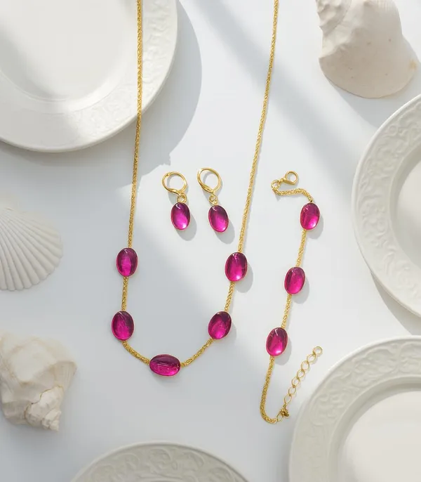 SHANKHRAJ_MALL_Pink_Oval_Stone_Gold_Plated_Necklace_Set_for_Women_|_Elegant_Minimal_Chain_Necklace_with_Matching_Earrings