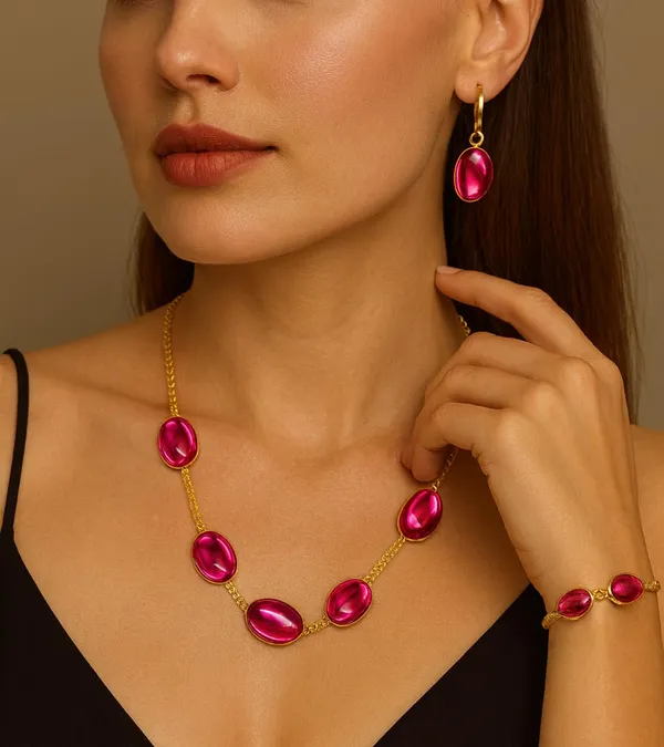 SHANKHRAJ_MALL_Pink_Oval_Stone_Gold_Plated_Necklace_Set_for_Women_|_Elegant_Minimal_Chain_Necklace_with_Matching_Earrings