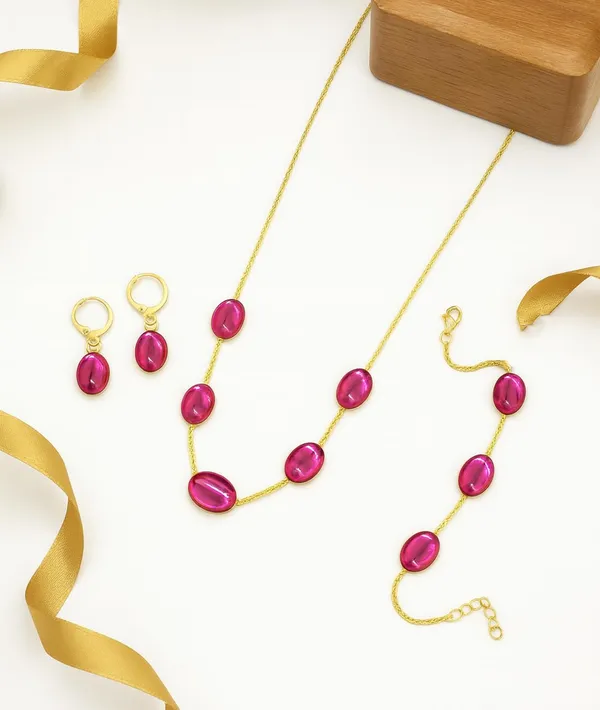 SHANKHRAJ_MALL_Pink_Oval_Stone_Gold_Plated_Necklace_Set_for_Women_|_Elegant_Minimal_Chain_Necklace_with_Matching_Earrings