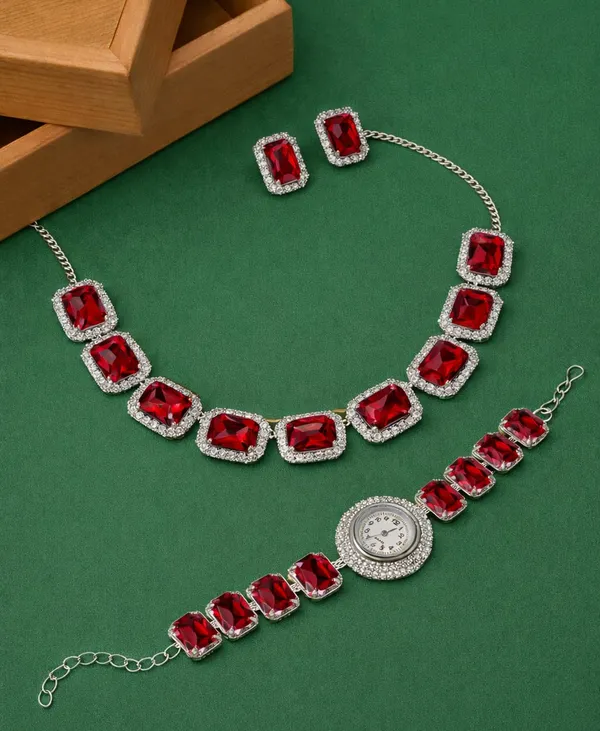 SHANKHRAJ_MALL_Pink_Crystal_Jewelry_Set,_Necklace_Earrings_Bracelet_Watch,_Rhinestone_Halo,_Silver_Tone,_4_Piece_Set_(A350)