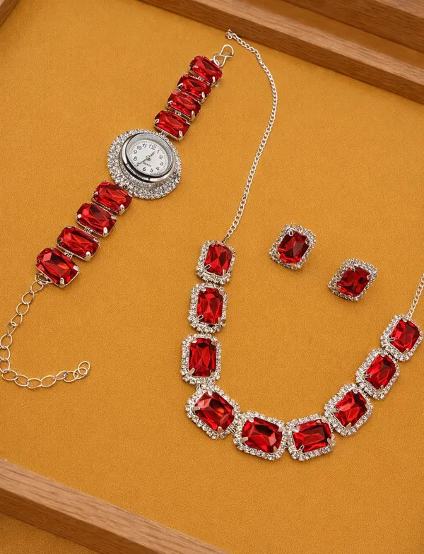 SHANKHRAJ_MALL_Pink_Crystal_Jewelry_Set,_Necklace_Earrings_Bracelet_Watch,_Rhinestone_Halo,_Silver_Tone,_4_Piece_Set_(A350)