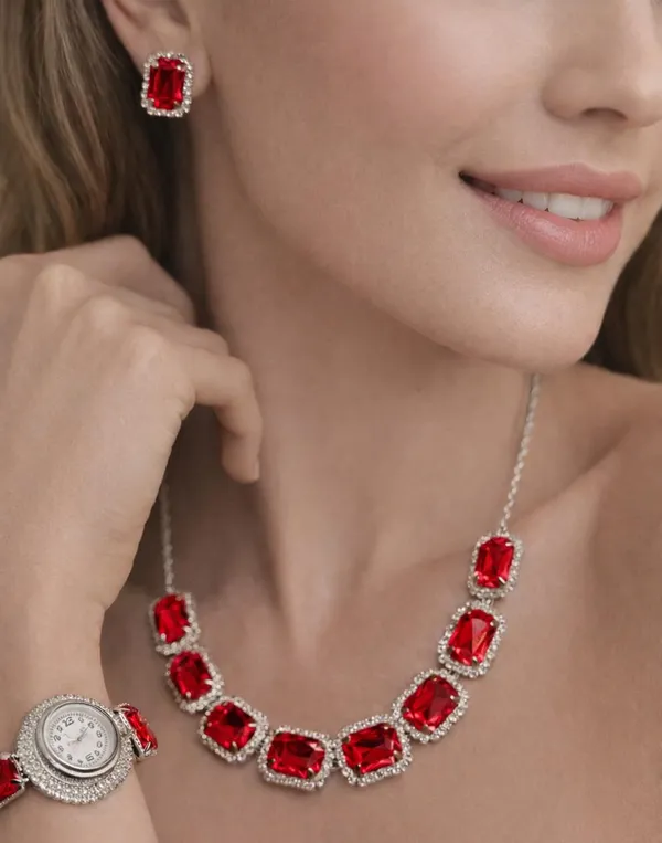 SHANKHRAJ_MALL_Pink_Crystal_Jewelry_Set,_Necklace_Earrings_Bracelet_Watch,_Rhinestone_Halo,_Silver_Tone,_4_Piece_Set_(A350)
