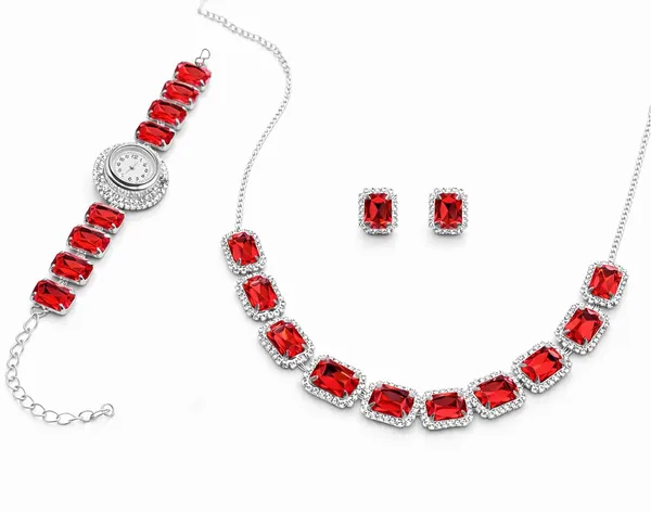 SHANKHRAJ_MALL_Pink_Crystal_Jewelry_Set,_Necklace_Earrings_Bracelet_Watch,_Rhinestone_Halo,_Silver_Tone,_4_Piece_Set_(A350)