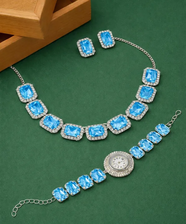 SHANKHRAJ_MALL_Pink_Crystal_Jewelry_Set,_Necklace_Earrings_Bracelet_Watch,_Rhinestone_Halo,_Silver_Tone,_4_Piece_Set_(A355)