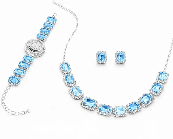 SHANKHRAJ_MALL_Pink_Crystal_Jewelry_Set,_Necklace_Earrings_Bracelet_Watch,_Rhinestone_Halo,_Silver_Tone,_4_Piece_Set_(A355)