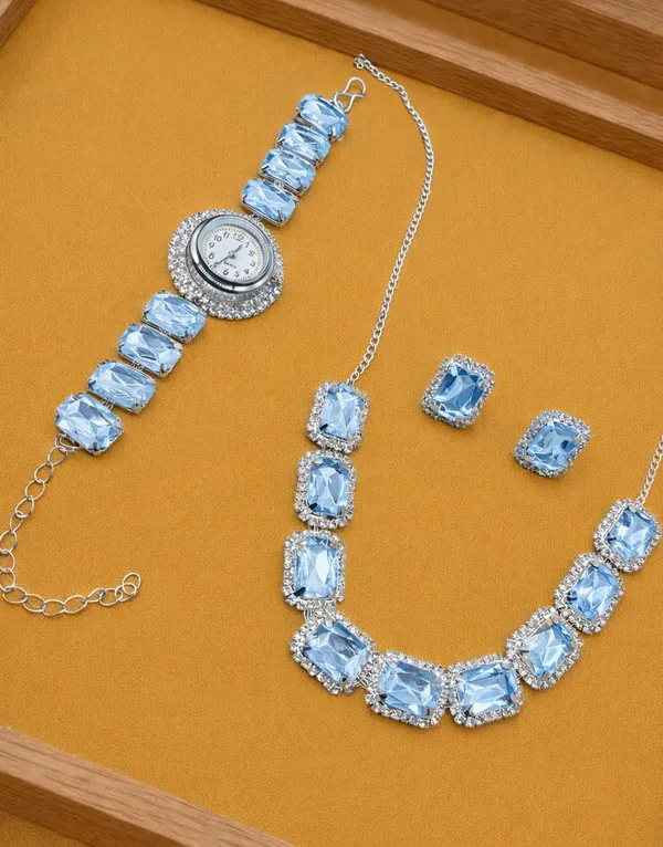 SHANKHRAJ_MALL_Pink_Crystal_Jewelry_Set,_Necklace_Earrings_Bracelet_Watch,_Rhinestone_Halo,_Silver_Tone,_4_Piece_Set_(A355)