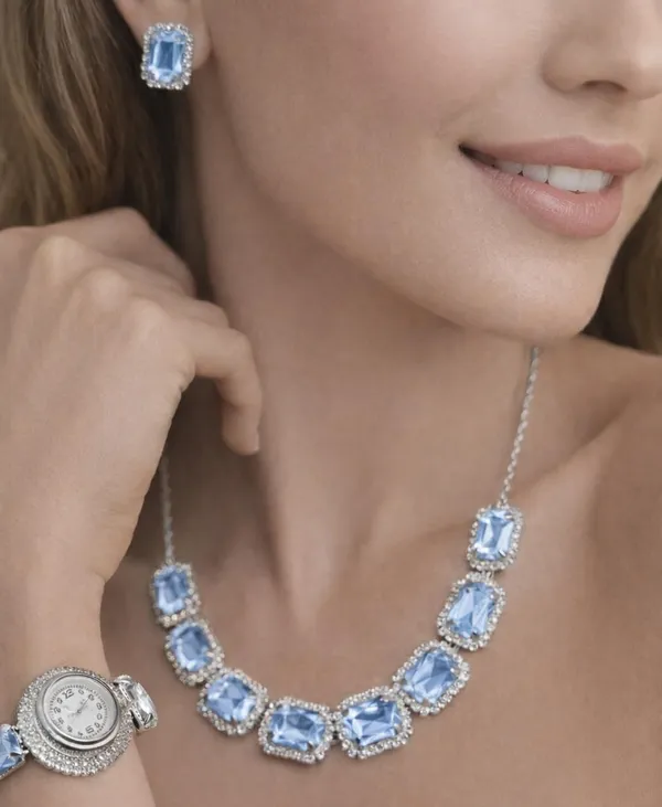 SHANKHRAJ_MALL_Pink_Crystal_Jewelry_Set,_Necklace_Earrings_Bracelet_Watch,_Rhinestone_Halo,_Silver_Tone,_4_Piece_Set_(A355)