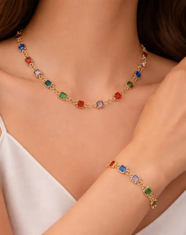 SHANKHRAJ_MALL_Multicolor_Heart_Shaped_Crystal_Necklace_and_Bracelet_Set,_Gold_Plated_Chain,_Colorful_Gemstone_Jewelry_(A359)